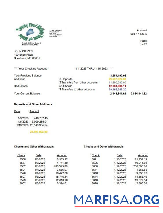 Downloadable USA Twenty First National Bank of Maine bank statement word 1 page real example